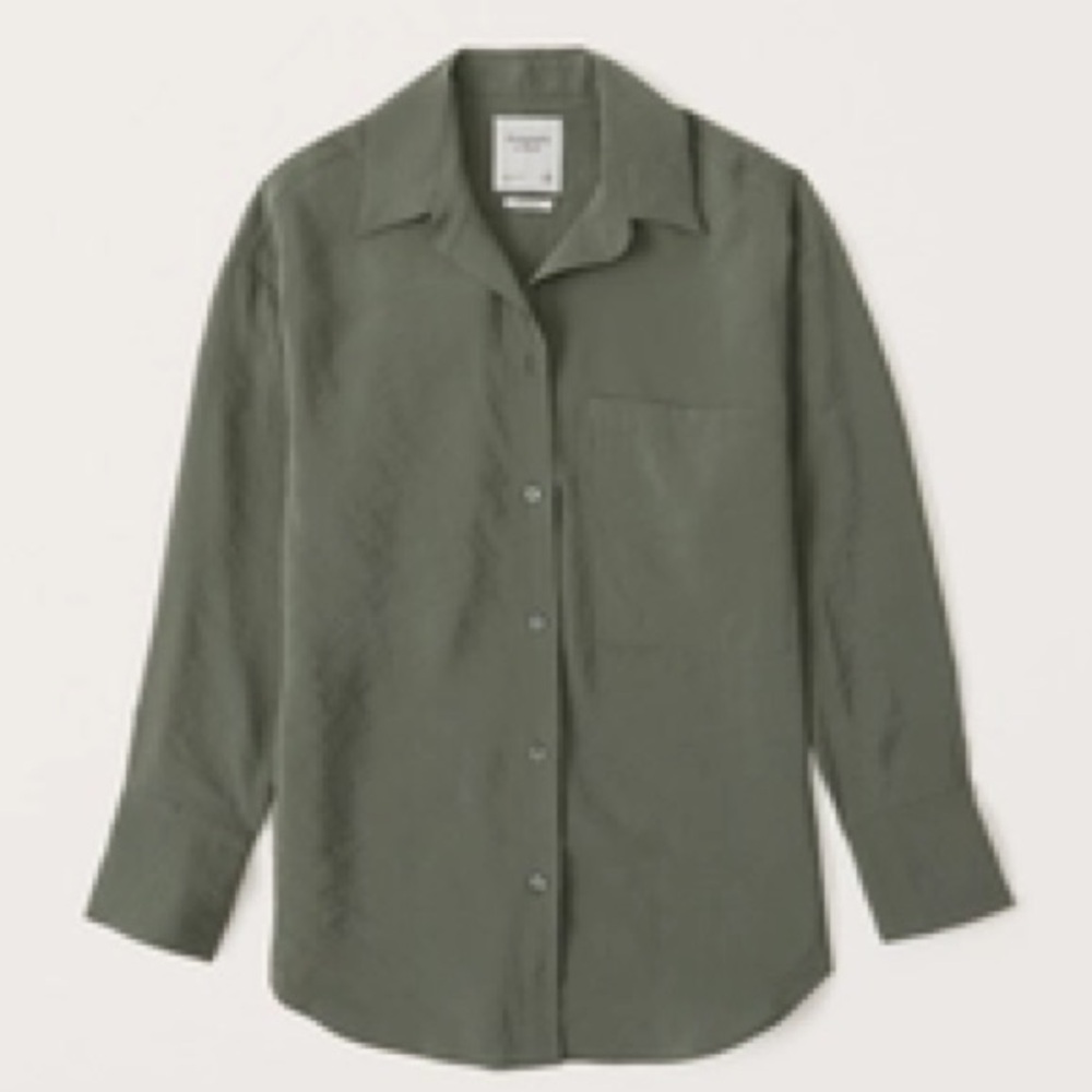 Abercrombie Oversized Long-Sleeve Crinkle Cupro Shirt in Green